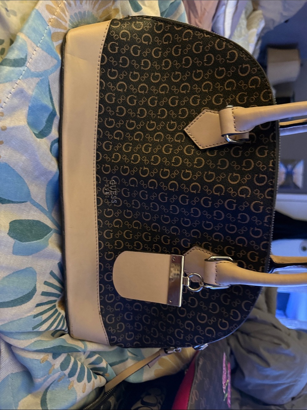 Guess G Monogram Dome Satchel in Black and Beige